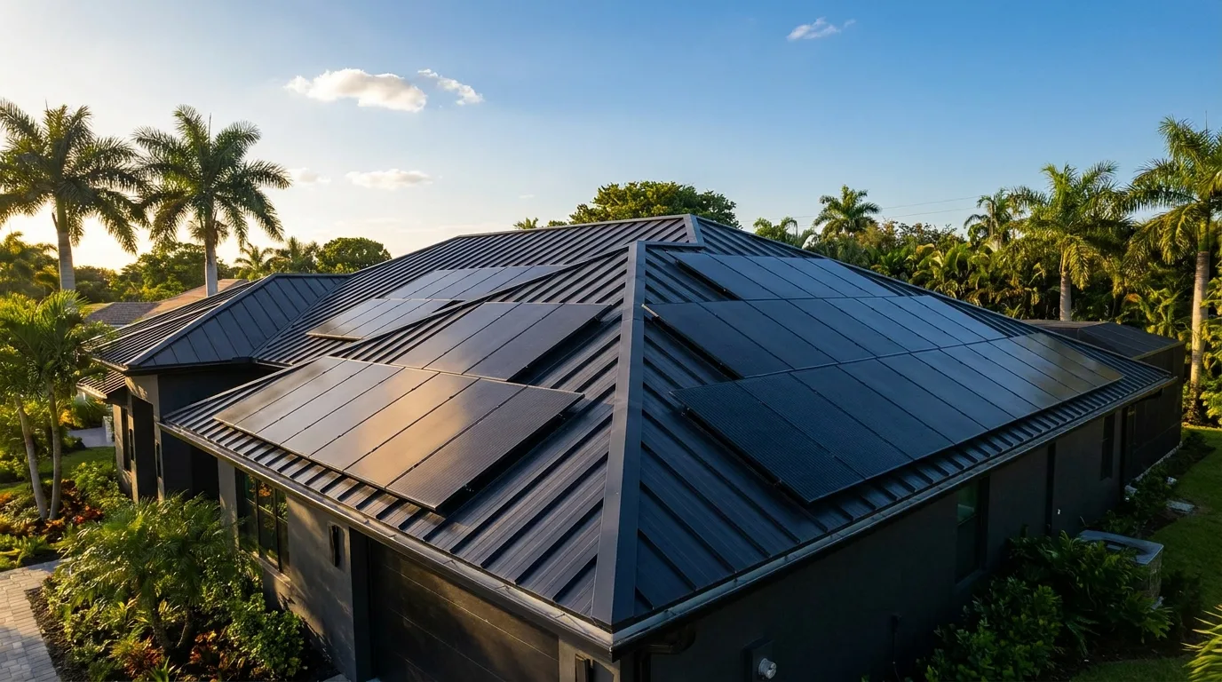 Aerial view of black-on-black solar panels on a dark roof of a Florida home with palm trees