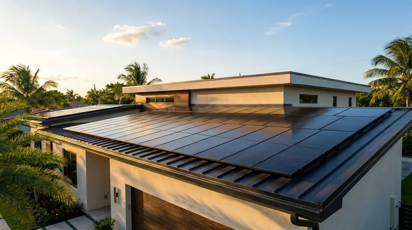 Black solar panels on the roof of a modern Florida home at golden hour