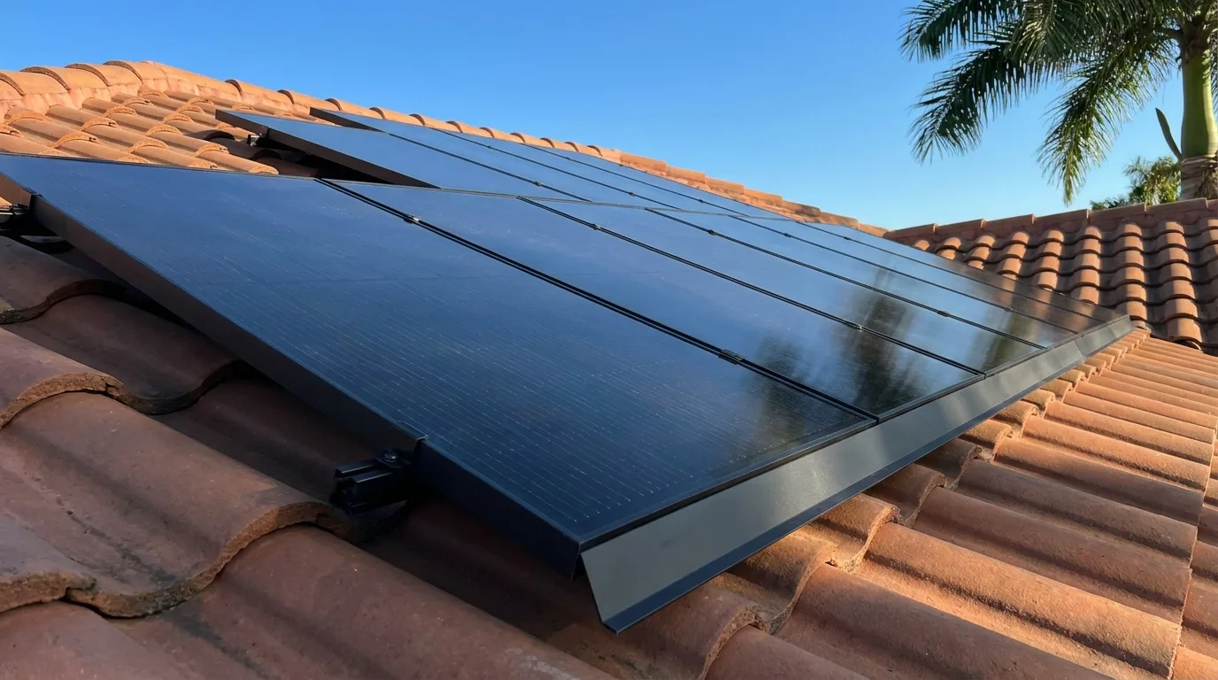 Black-on-black solar panels installed flush on a Spanish tile roof of a Florida home