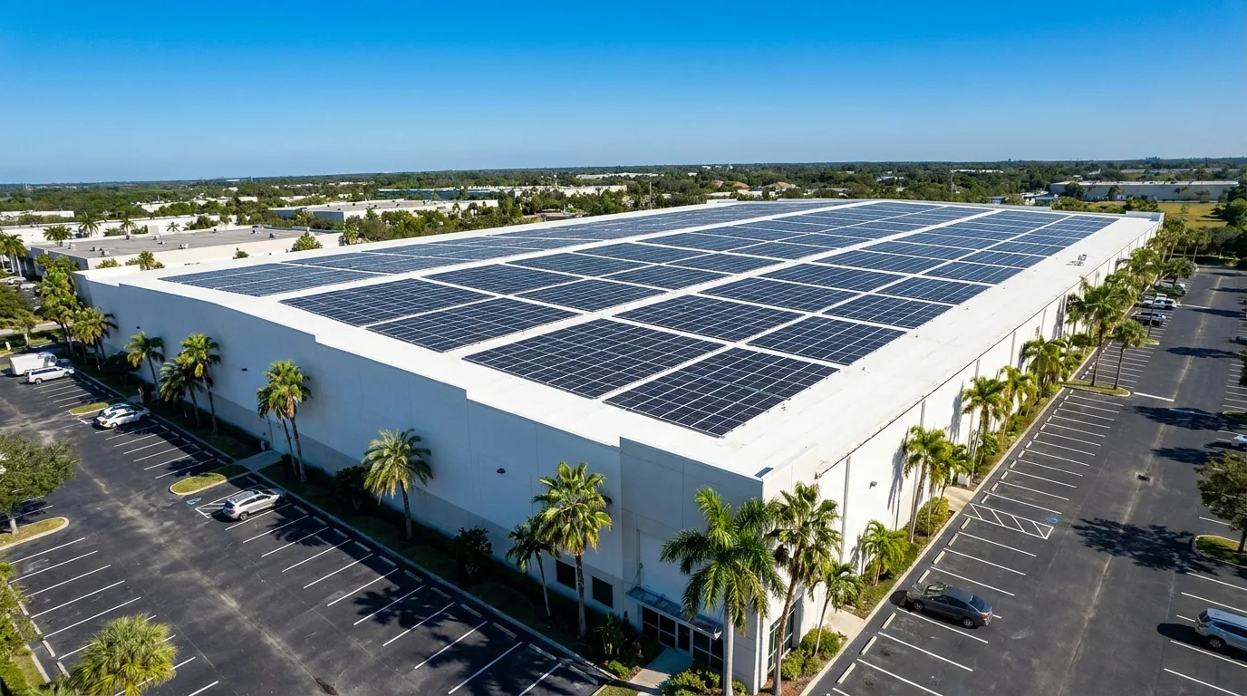 Aerial view of solar panels on a commercial warehouse roof in Florida
