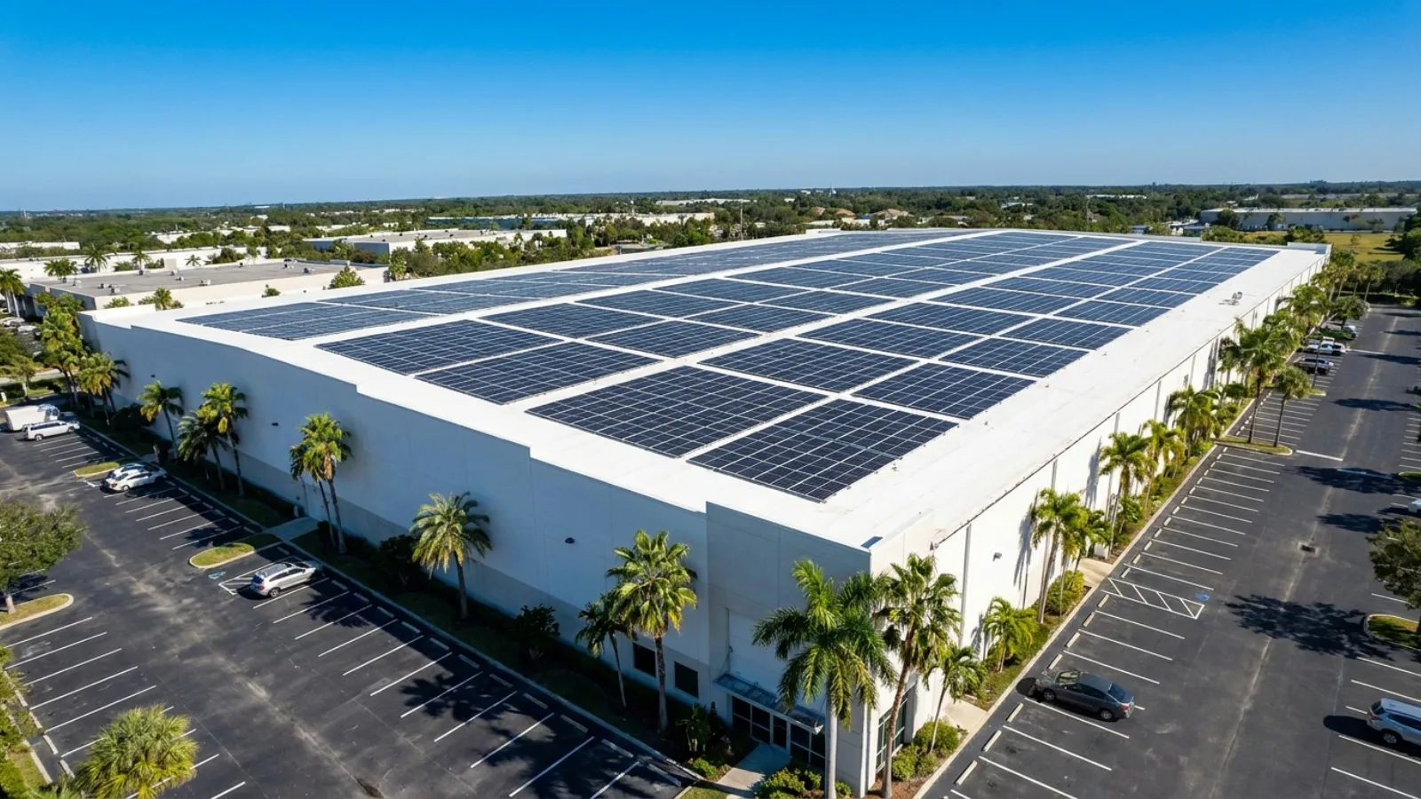 Aerial view of solar panels on a Florida commercial warehouse roof