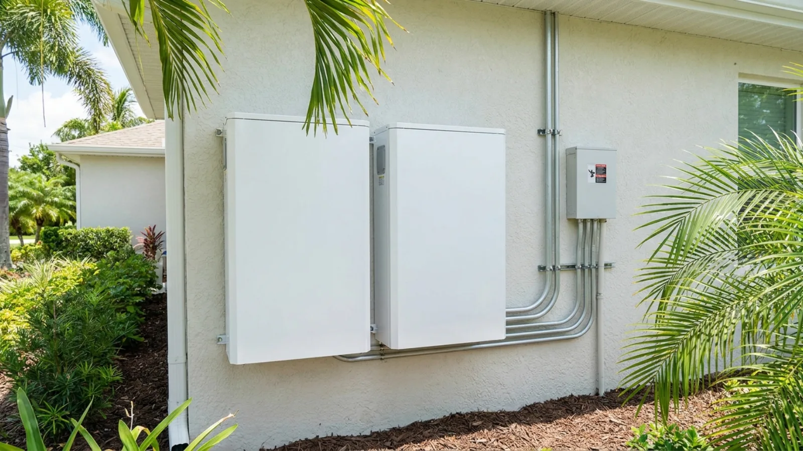 Home battery storage unit mounted on a garage wall in Florida