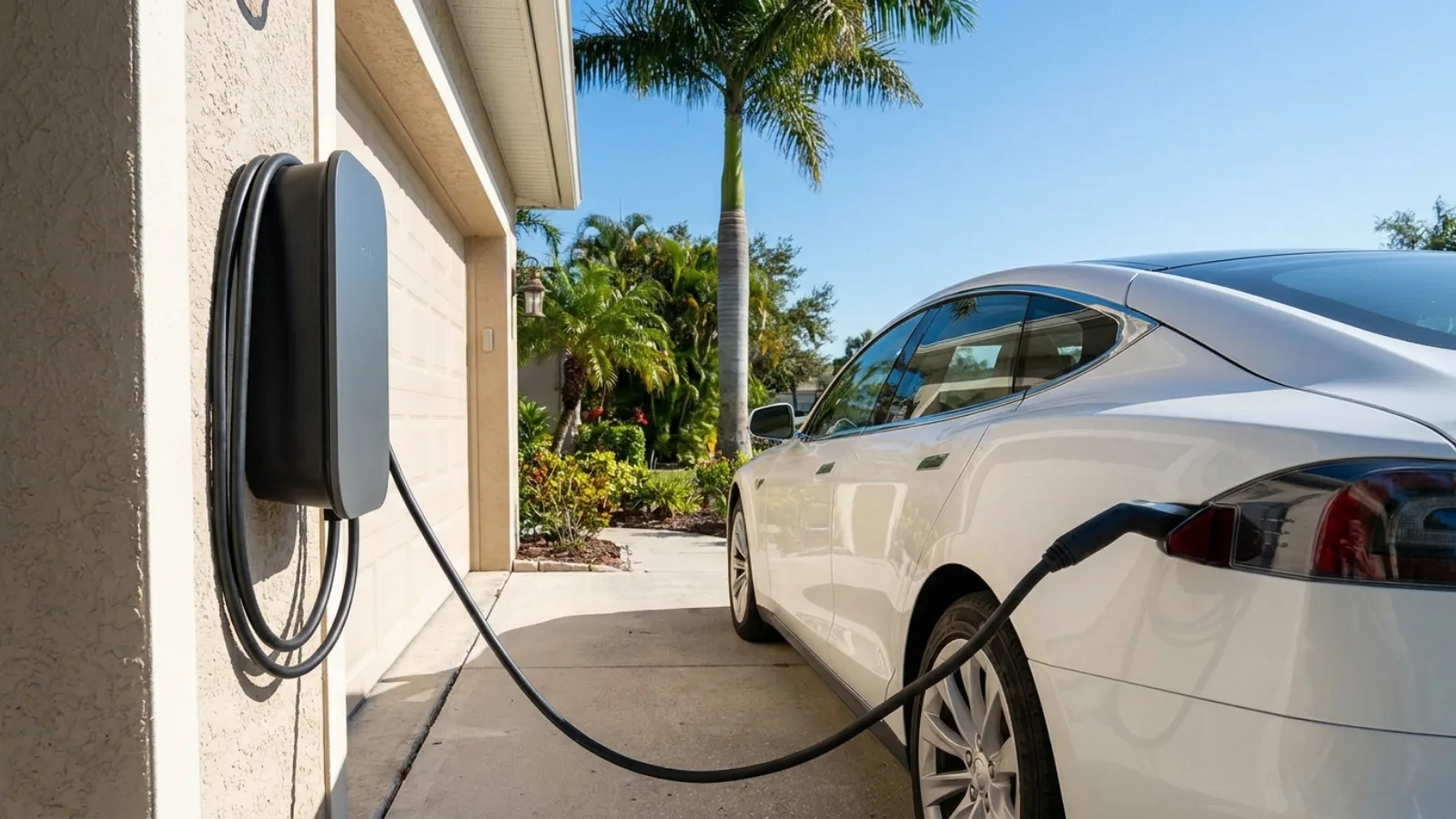 Electric vehicle charger installed in a Florida home garage